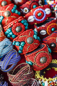 Detail of bracelets and rings at the Tibetan Market in  Wednesday Flea Market in Anjuna, Goa, India.