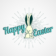 Happy Easter card with sunburst and rabbit on a gray background
