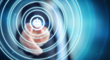 Businessman pushing 3D render power button with his finger