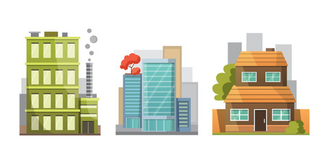 Flat design of retro and modern city houses. Old buildings, skyscrapers. colorful cottage building, cafe house.