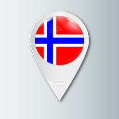 Pointer with the national flag of Norway in the ball with reflection. Tag to indicate the location. Realistic vector illustration.