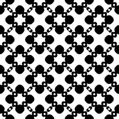 Vector monochrome seamless pattern. Abstract floral geometric texture. Simple elements, flowers, chains, diagonal lattice. Black & white repeat backdrop in Asian style. Design for textile, print, web