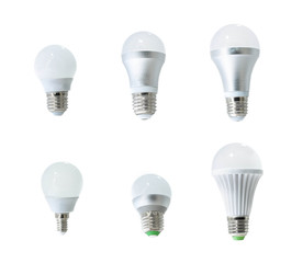 set of LED bulbs on white background, collection of different kind of light bulbs, led, bulb,...