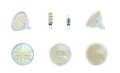 set of LED bulbs on white background, collection of different kind of light bulbs, led, bulb,...