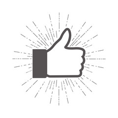 Thumbs up hand with hand drawn sunburst.
