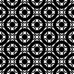 Vector monochrome texture, black & white geometric seamless pattern. Square illustration with simple rounded figures, rings, circles. Abstract contrast endless background. Tileable design element 