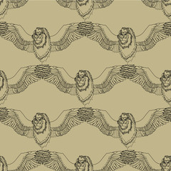 Seamless vector texture , lion with wings on light brown background