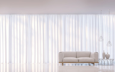 Modern white living room minimal style 3D rendering Image.There are decorate room with white translucent curtain and white furniture