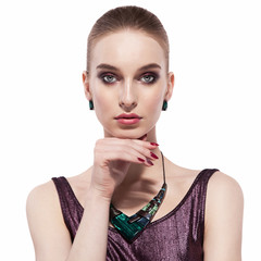 stylish portrait of a white woman on a white background