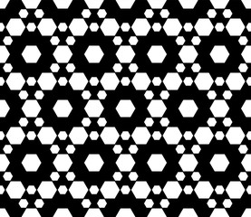 Vector monochrome seamless pattern. Simple dark modern geometric texture with small hexagons. Hexagonal grid, lattice. Repeat black & white abstract background. Design for prints, decoration, textile.