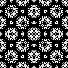 Vector seamless pattern, ornamental monochrome geometric texture. Black & white abstract background, traditional motif, oriental style. Repeat mosaic tiles. Design for prints, decoration, textile, web