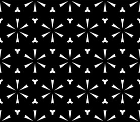 Vector monochrome seamless texture, simple geometric floral pattern, black & white ornamental background. Dark abstract repeat backdrop. Design for prints, decor, textile, furniture, fabric, linens