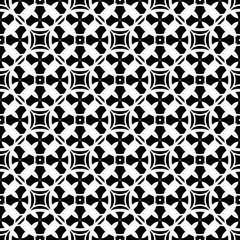 Vector ornamental seamless pattern. Monochrome black & white abstract background. Repeat mosaic texture in oriental style, illustration of lattice. Simple geometric figures, crosses. Square design
