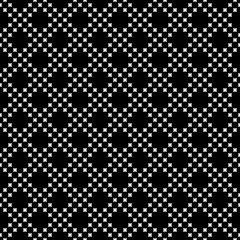 Vector monochrome seamless texture, black & white geometric pattern with simple figures, small rounded crosses. Stylish dark abstract background, repeat tiles. Design for prints, decor, fabric, cloth