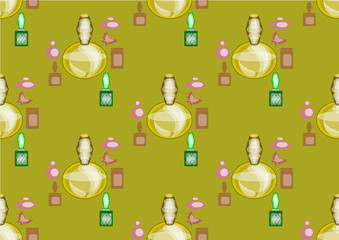 Seamless vector texture , cosmetic bottles on a gold background