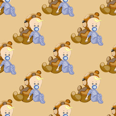 Seamless vector texture , baby and teddy bear on a  light  brown  background