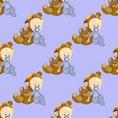 Seamless vector texture , baby and teddy bear on a blue background