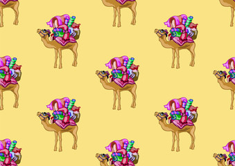 Seamless vector texture , camel with luggage on the back on a yellow background