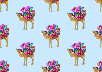   Seamless vector texture , camel with luggage on the back on a blue background