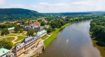 DRESDEN - JULY 2016: Beautiful aerial skyline of Pillnitz Castle. The Castle is a popular attraction in Saxony