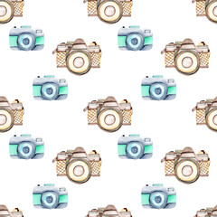 Seamless pattern with watercolor retro cameras, hand drawn isolated on a white background