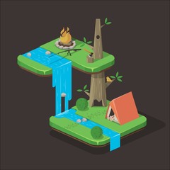 camping illustration, treehouse style camping site