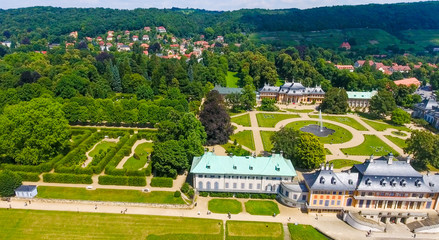 Fototapeta na wymiar DRESDEN - JULY 2016: Beautiful aerial skyline of Pillnitz Castle. The Castle is a popular attraction in Saxony