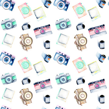 Seamless pattern with watercolor retro cameras, snapshots and films, hand drawn isolated on a white background