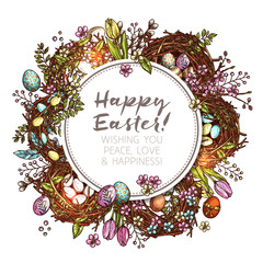 Happy Easter Round Label With Greeting In Sketch Style. Hand Drawn Easter Background With Flowers, Wreaths, Eggs And Nests