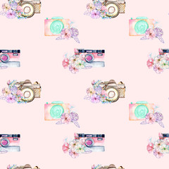 Seamless pattern with watercolor retro cameras in floral decor, hand drawn isolated on a pink background