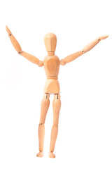 Happy wooden doll. Concept presentations of positive emotions.