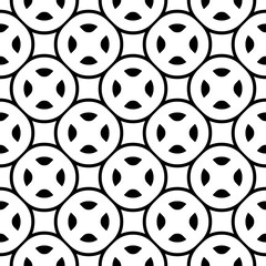 Vector monochrome seamless texture, simple geometric pattern with rounded figures, circles, squares, crosses, wheels. Black & white design element for prints, decoration, textile, digital projects