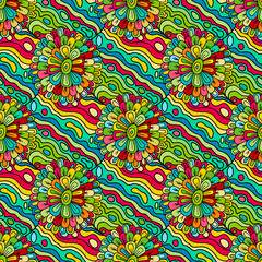 Crazy seamless hand drawn vector pattern. Bright summer colours, modern flowers. Boho fashion style for print, batik, silk textile, cushion pillow, bandanna, kerchief. Kid style