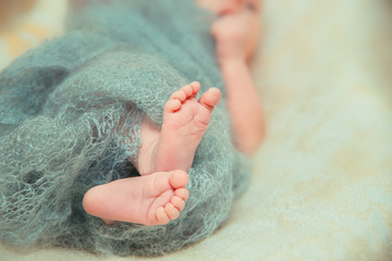 The feet of a newborn baby.