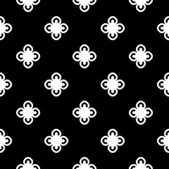 Fototapeta na wymiar Vector monochrome seamless pattern, old vintage style. Simple floral geometric texture with white circular flowers on black background. Abstract repeat minimalist backdrop. Design for print, decor