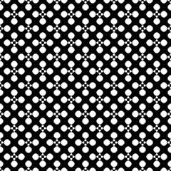 Vector monochrome seamless pattern, old vintage style. Simple floral geometric texture, white circles and dots on black background. Abstract repeat minimalist backdrop. Design for print, decor, cloth