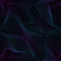 Vector seamless pattern, abstract texture, curved lines, fluid shapes. Visual halftone 3D effect, illusion of movement, dynamical surface. Bright colors, blue and pink gradient on black background