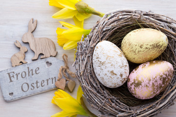 Easter and spring decoration, flowers and eggs.