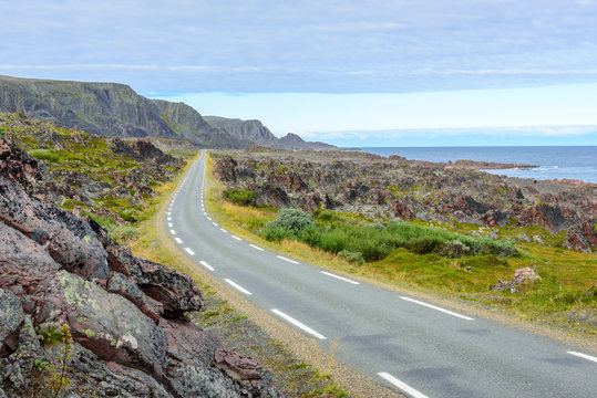 National Tourist Route through Lunar Rock Landscape from Vard&oslash; to Hamningberg, Barents Sea, Finnmark, Northern Norway