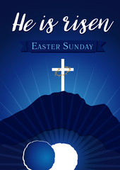 Fototapeta premium Easter sunday holy week calvary tomb banner. Easter christian motive, vector invitation to an Easter Sunday service with text He is risen on a background of rolled away from the tomb stone of Calvary