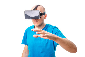 man using a VR headset and experiencing virtual reality isolated on white background