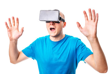 man using a VR headset and experiencing virtual reality isolated on white background