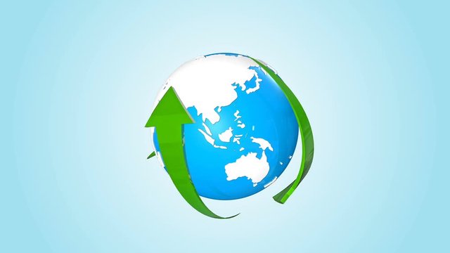 Loopable rotating glass earth planet globe and arrows with alpha mask included. Earth with glossy surface. Rotating planet with eco symbols for the future