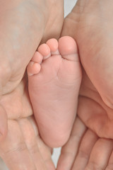 Parent holding in the hands foot of newborn baby