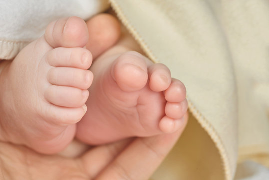 Parent holding in the hand feet of newborn baby