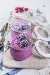Selection of colourful overnight oatmeals with berries