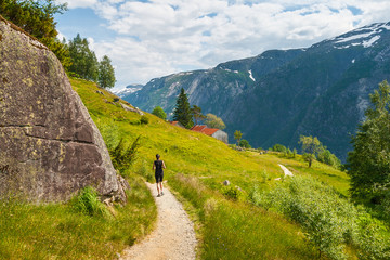 Walking in the mountains along the Eidfjord, Hordlanad, Norway