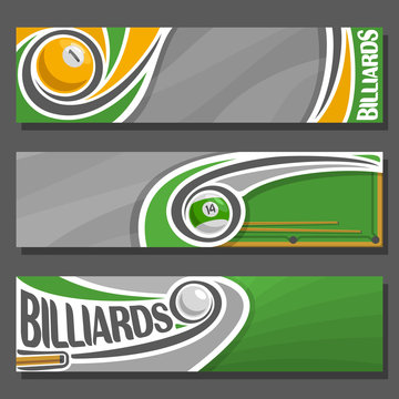 Vector horizontal Banners for Billiards: 3 cartoon covers for title text on snooker theme, billiards table, 1, 14 numbers, cue hit pool ball, abstract headers banner for inscription on gray background
