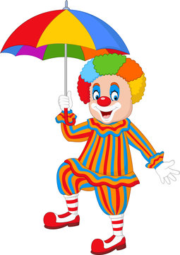 Cartoon funny clown holding an umbrella