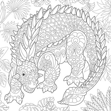 Stylized stegosaurus dinosaur of the Jurassic and early Cretaceous periods. Freehand sketch for adult anti stress coloring book page with doodle and zentangle elements.
